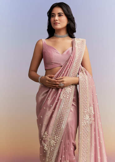 Pink Tissue Silk Saree With Heavy Hand Work
