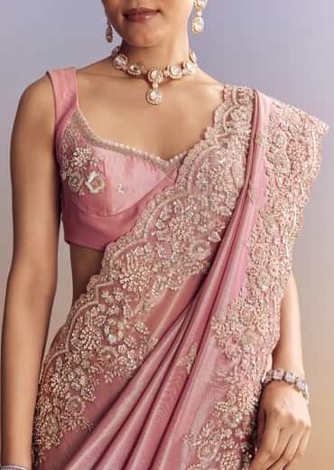Pink Tissue Silk Saree With Scalloped Border