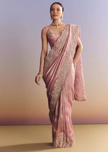 Pink Tissue Silk Saree With Scalloped Border