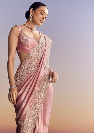 Pink Tissue Silk Saree With Scalloped Border