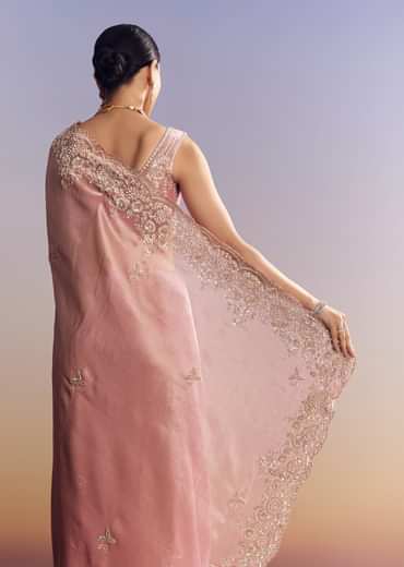 Pink Tissue Silk Saree With Scalloped Border