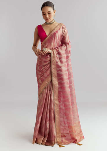 Pink Tissue Silk Woven Saree With Weavy Motif Embroidery