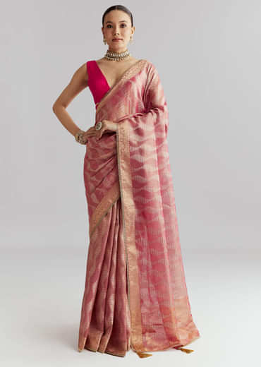 Pink Tissue Silk Woven Saree With Weavy Motif Embroidery