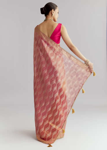 Pink Tissue Silk Woven Saree With Weavy Motif Embroidery