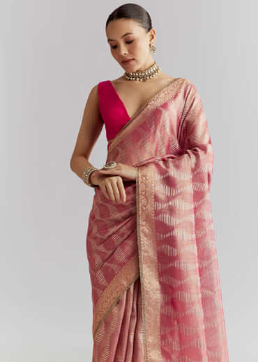 Pink Tissue Silk Woven Saree With Weavy Motif Embroidery