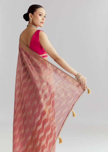 Pink Tissue Silk Woven Saree With Weavy Motif Embroidery