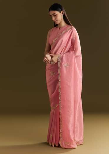 Pink Tissue Zardozi Saree With Scallop Border