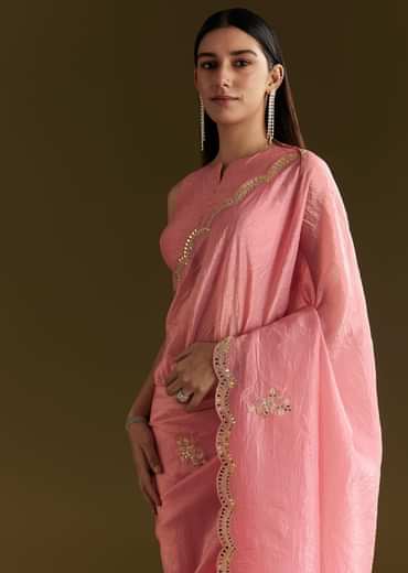 Pink Tissue Zardozi Saree With Scallop Border