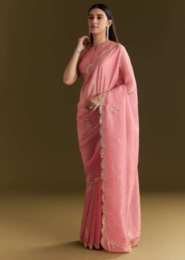 Pink Tissue Zardozi Saree With Scallop Border