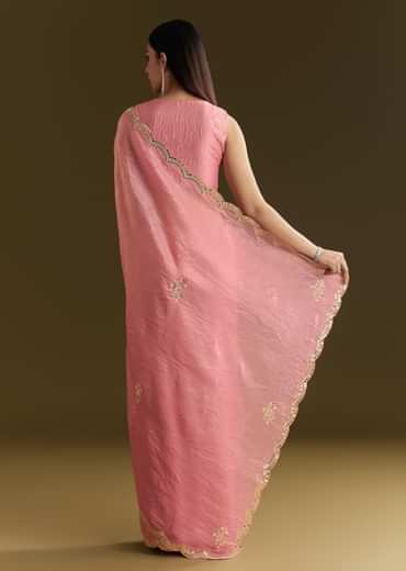 Pink Tissue Zardozi Saree With Scallop Border