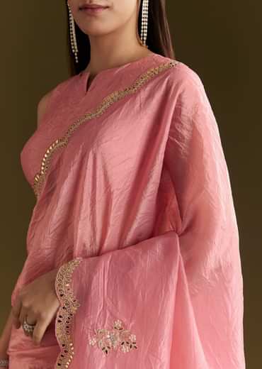 Pink Tissue Zardozi Saree With Scallop Border