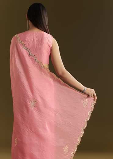 Pink Tissue Zardozi Saree With Scallop Border
