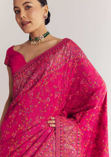 Pink Traditional Floral And Jaal Woven Saree