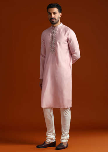 Pink Viscose Kurta Set For Men With Heavy Hand Embroidery