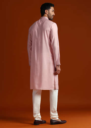 Pink Viscose Kurta Set For Men With Heavy Hand Embroidery