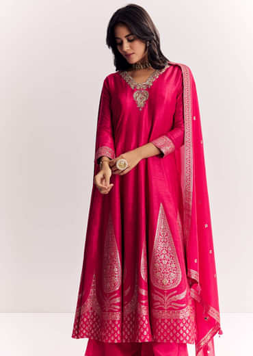 Pink Weave Silk Anarkali Suit With Dupatta