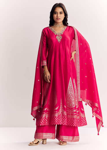Pink Weave Silk Anarkali Suit With Dupatta