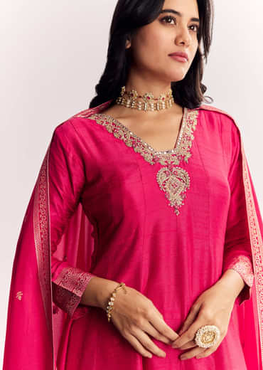 Pink Weave Silk Anarkali Suit With Dupatta