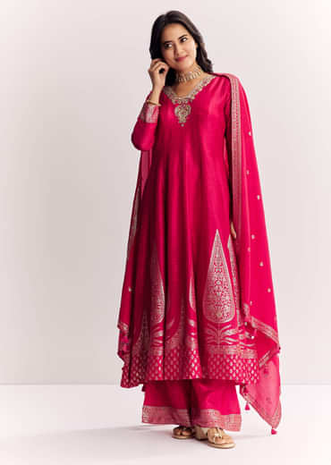 Pink Weave Silk Anarkali Suit With Dupatta