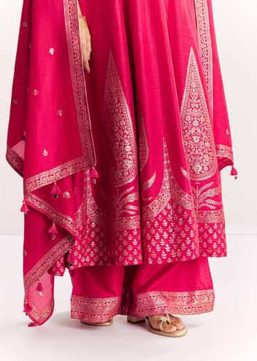 Pink Weave Silk Anarkali Suit With Dupatta