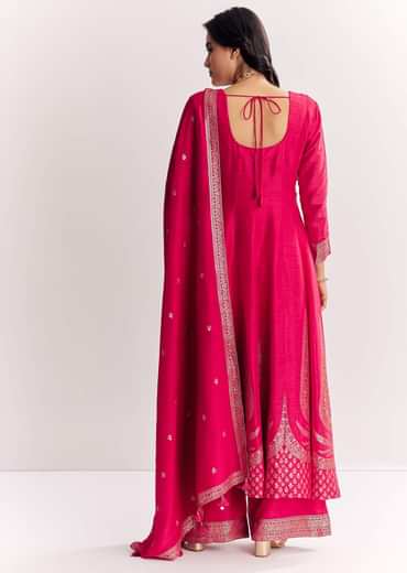 Pink Weave Silk Anarkali Suit With Dupatta