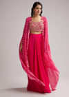 Pink Zardosi Cape Set With Crop Top And Skirt