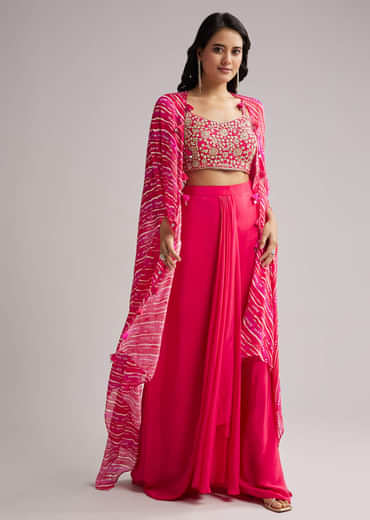 Pink Zardosi Cape Set With Crop Top And Skirt