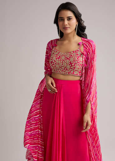 Pink Zardosi Cape Set With Crop Top And Skirt