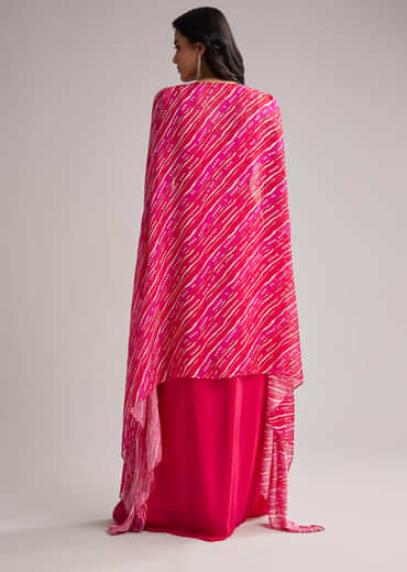 Pink Zardosi Cape Set With Crop Top And Skirt