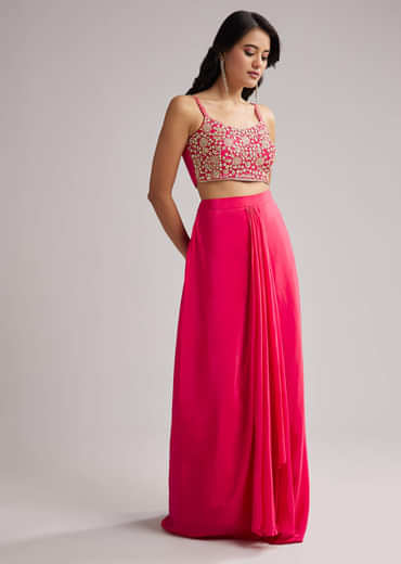 Pink Zardosi Cape Set With Crop Top And Skirt