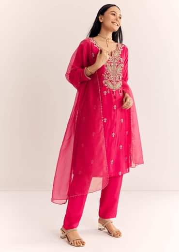 Pink Zardosi Work Dola Silk Kurta Pant With Organza Dupatta