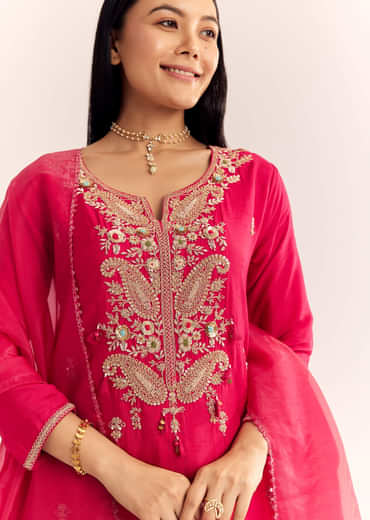 Pink Zardosi Work Dola Silk Kurta Pant With Organza Dupatta