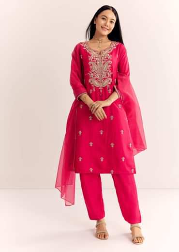 Pink Zardosi Work Dola Silk Kurta Pant With Organza Dupatta