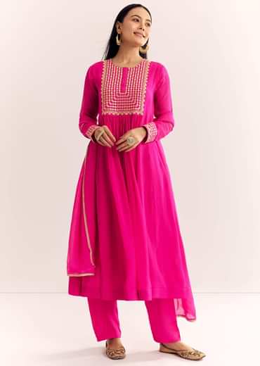 Pink Zari Neckline Chinon Anarkali Suit With Dupatta