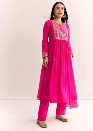 Pink Zari Neckline Chinon Anarkali Suit With Dupatta