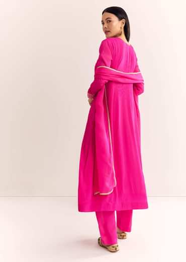 Pink Zari Neckline Chinon Anarkali Suit With Dupatta