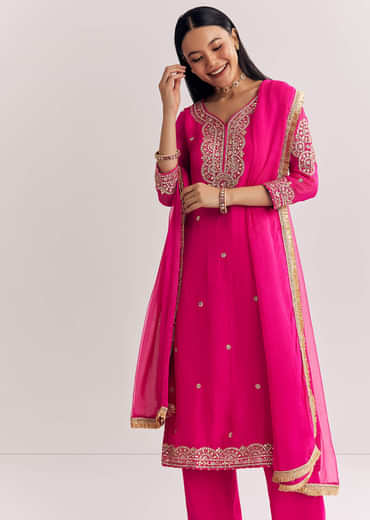 Pink Zari Work Kurta Set With Chiffon Dupatta