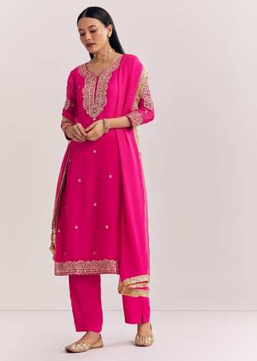 Pink Zari Work Kurta Set With Chiffon Dupatta