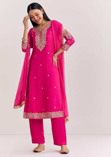 Pink Zari Work Kurta Set With Chiffon Dupatta
