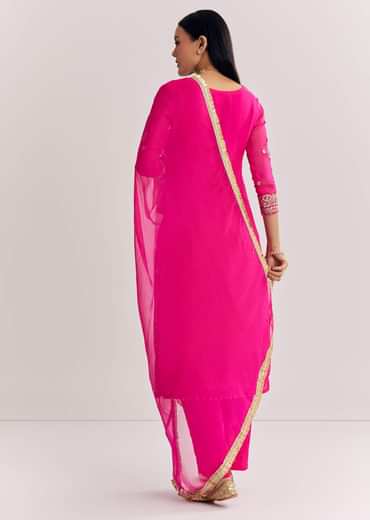 Pink Zari Work Kurta Set With Chiffon Dupatta