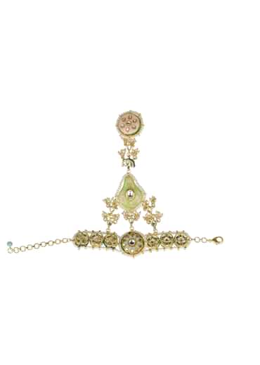 Pink And Green Hathphool With Meenakari Pendant And Kundan Stones