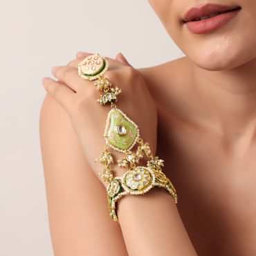 Pink And Green Hathphool With Meenakari Pendant And Kundan Stones