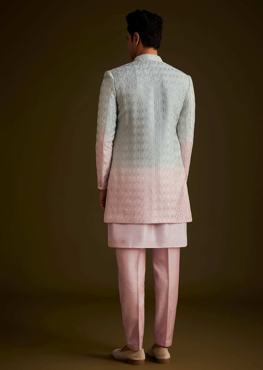 Pink and Grey Ombre Textured Sherwani Set