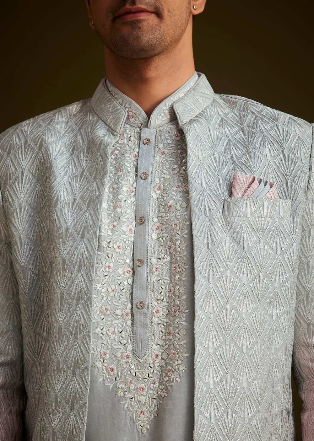 Pink and Grey Ombre Textured Sherwani Set