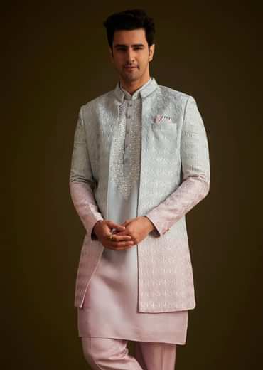 Pink and Grey Ombre Textured Sherwani Set