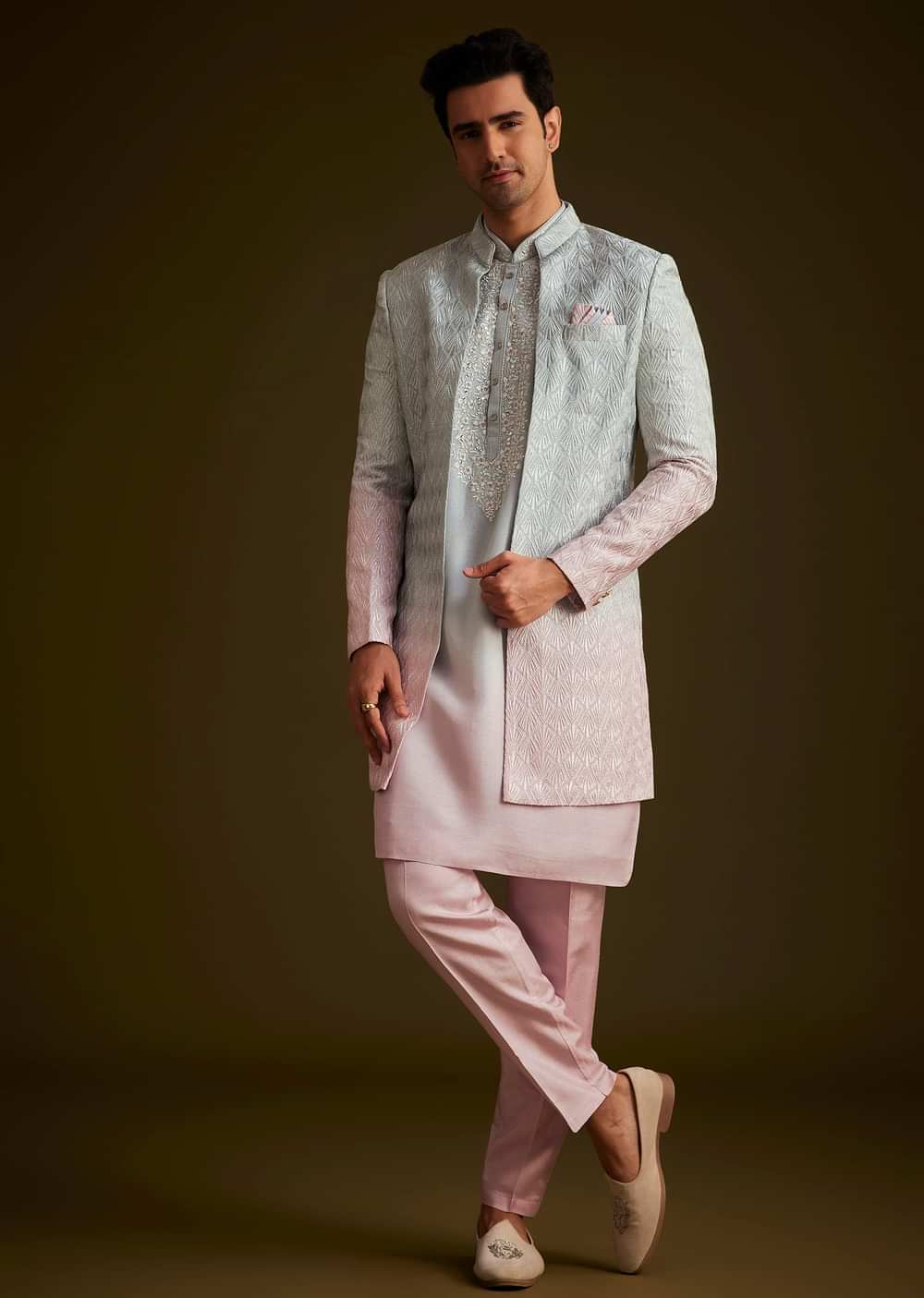 Pink and Grey Ombre Textured Sherwani Set