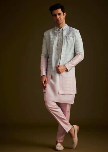 Pink and Grey Ombre Textured Sherwani Set