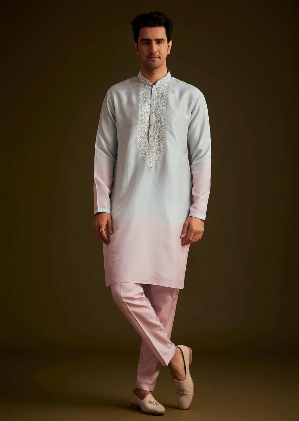 Pink and Grey Ombre Textured Sherwani Set