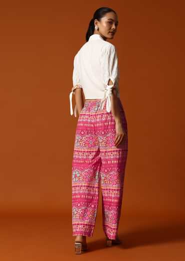 Pink And White Printed Crop Top And Palazzo