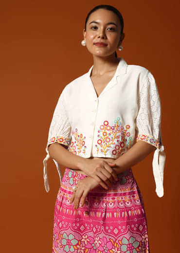 Pink And White Printed Crop Top And Palazzo